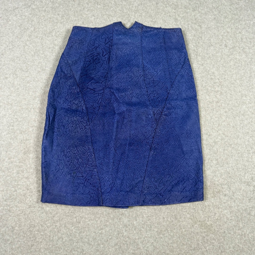 Wilsons Leather Vintage 80s Blue Embossed Scribble Mini Skirt Ruffle Womens 8